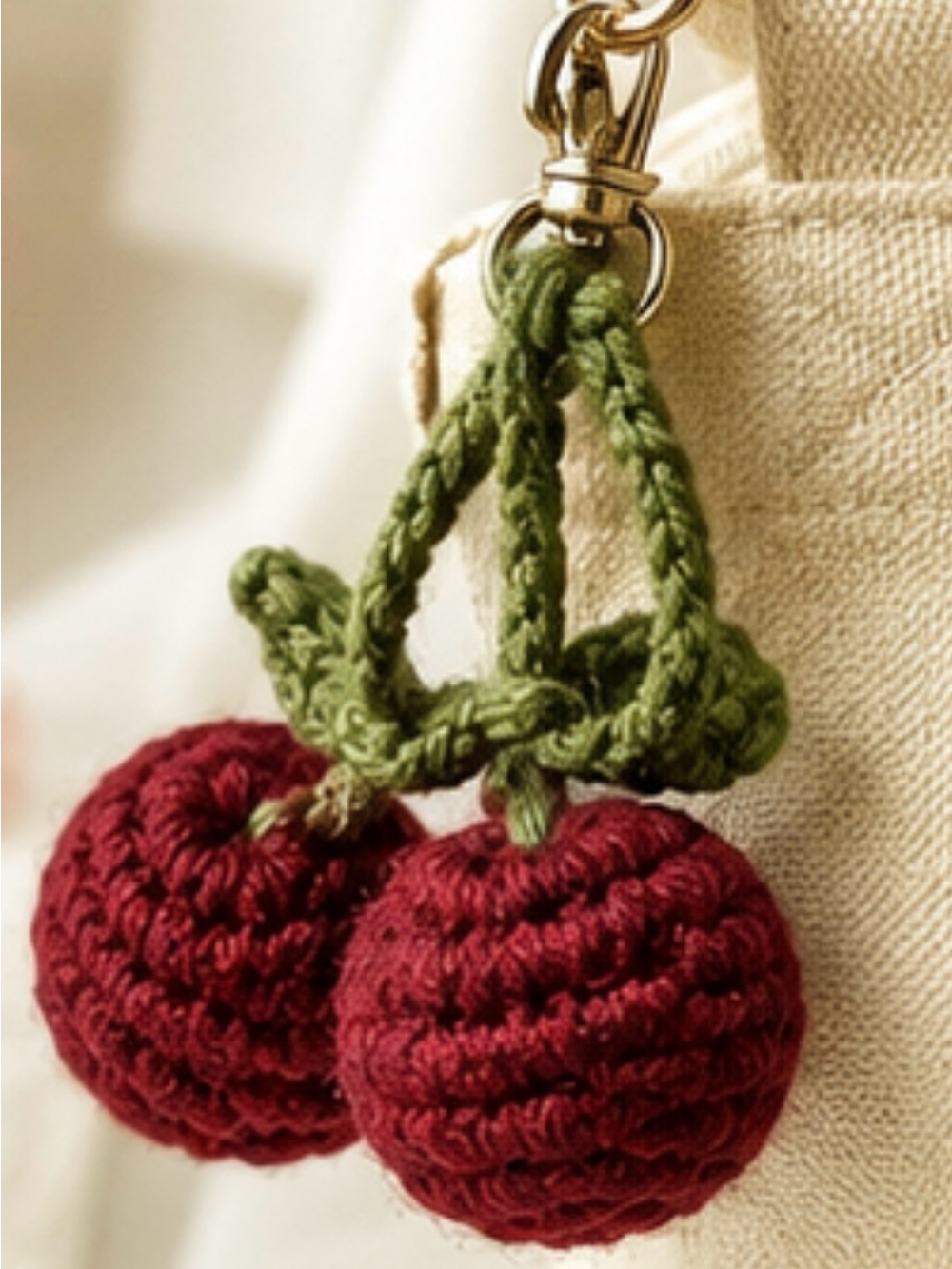 Handmade Crochet Cherry Keychain in Red and Green
